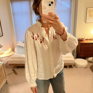 Rouge Paris 100% Linen long sleeve button down. Red embroidered flowers.